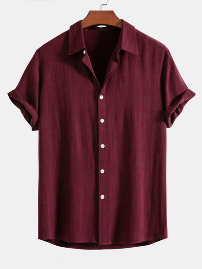 Linen Rayon Blend Button Up Shirt & Crinkled Textured Drawstring Shorts