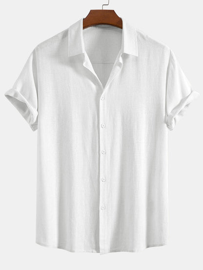 Linen Rayon Blend Button Up Shirt & Crinkled Textured Drawstring Shorts