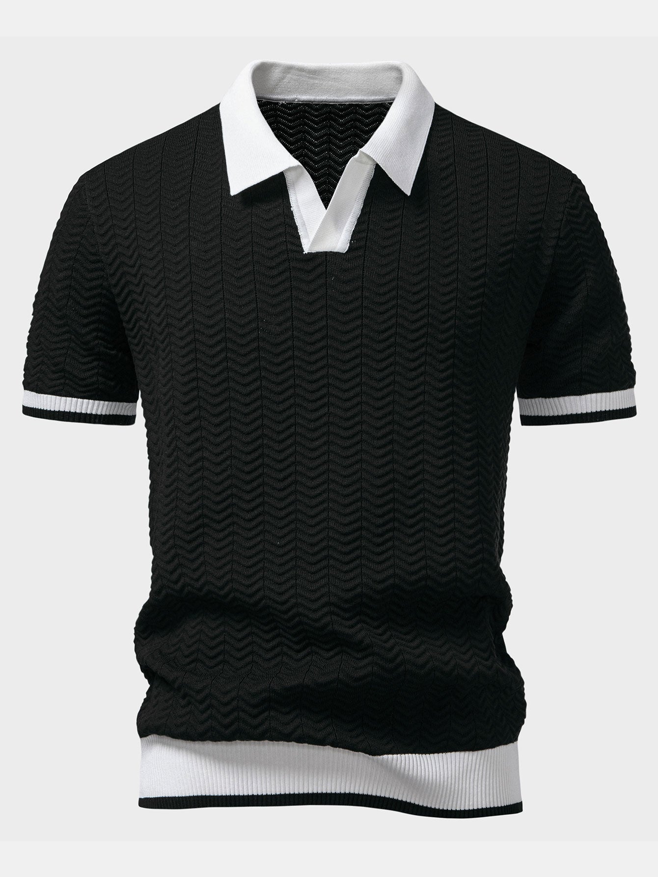 Texture Contrast Knitted V Neck Polo Shirt & Cotton Chino Shorts