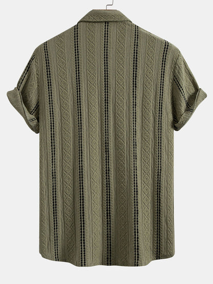 Geometric Striped Jacquard Button Up Shirt & Crinkled Textured Drawstring Shorts