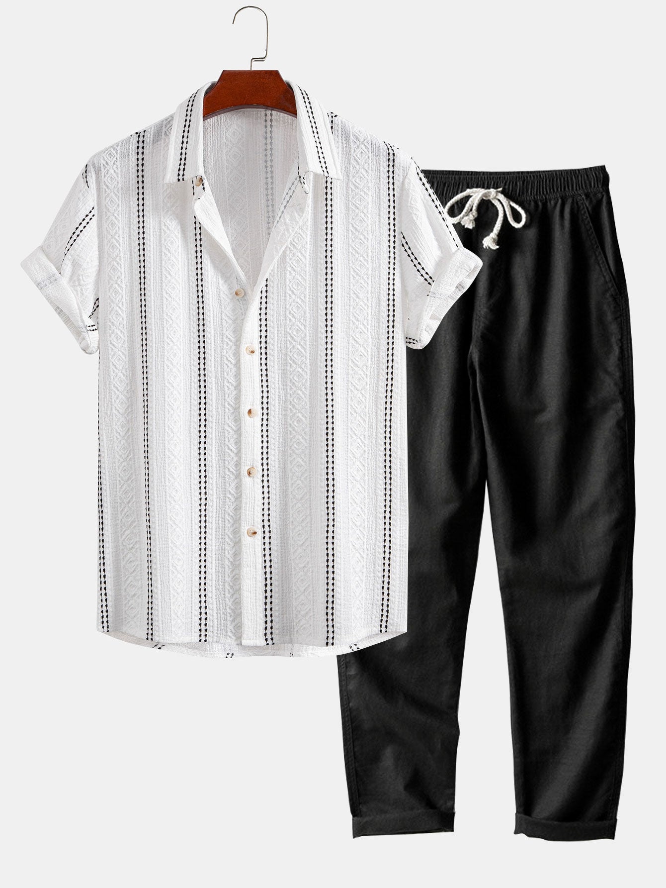 Geometric Striped Jacquard Button Up Shirt & Straight Leg Linen Pants