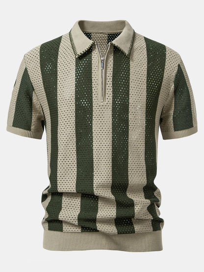 Striped Eyelet Knit Zip Up Polo Shirt & Straight Leg Linen Pants