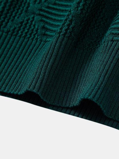 Rhombus Textured Zip Up Knitted Polo Shirt & Slim Fit Tapered Trousers