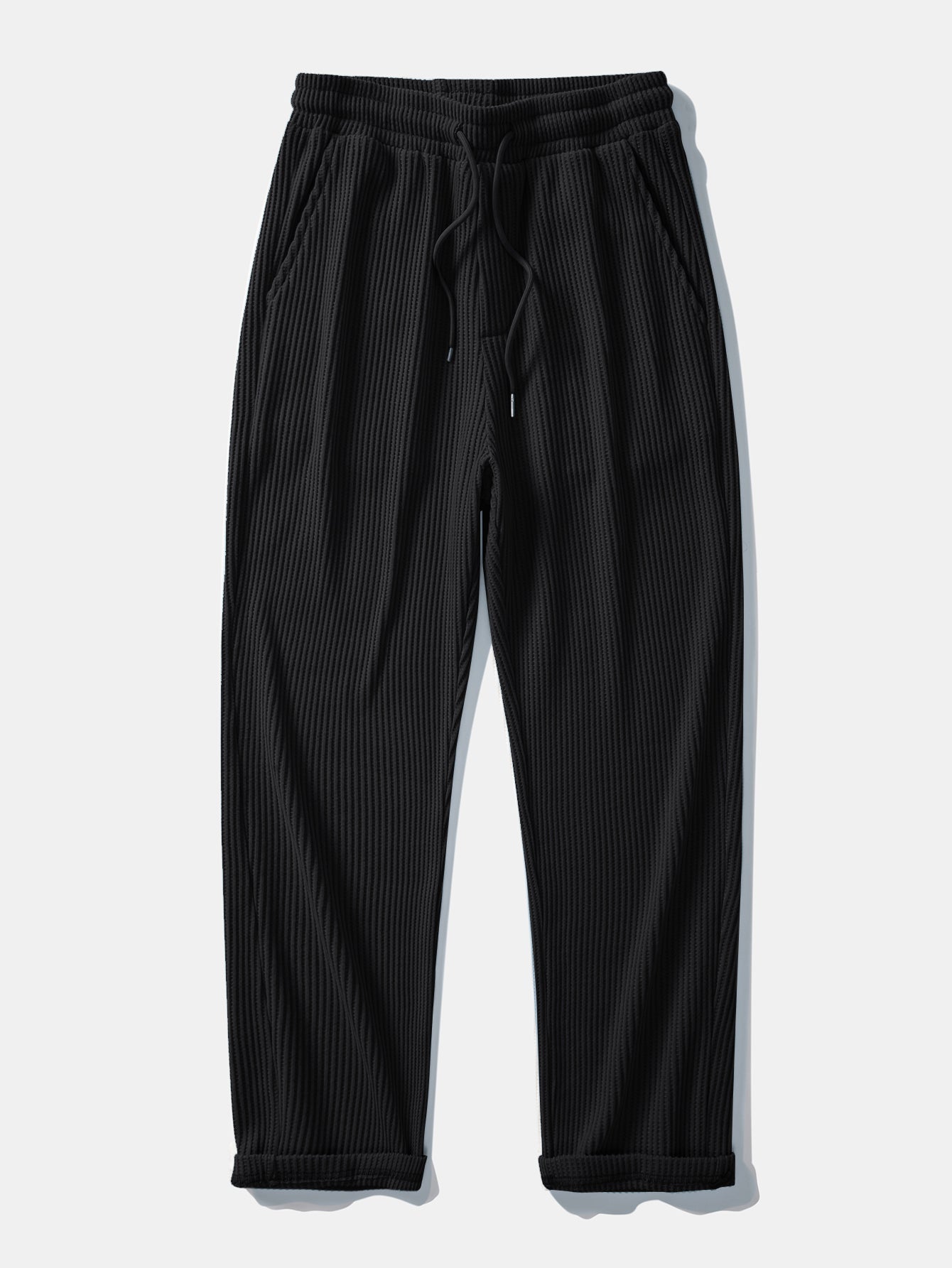 Long Sleeve Waffle Mock Neck T-Shirt & Drawstring Knitted Waffle Pants