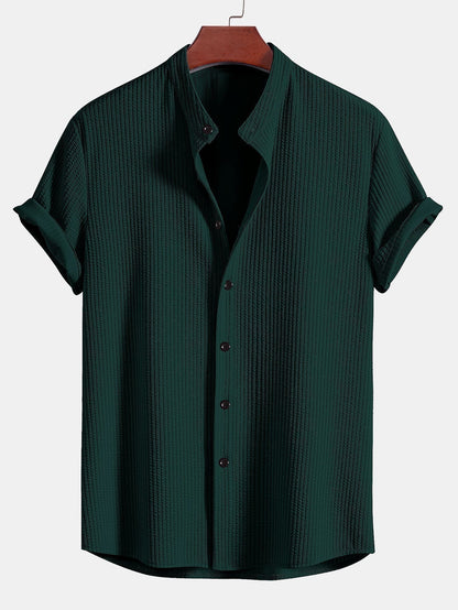 Muscle Fit Ribbed Stand Collar Shirt & Elastic Waist Straight Leg Trousers
