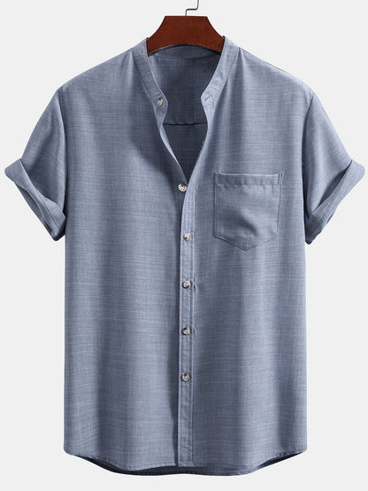 Short Sleeve Stand Collar Shirt & Straight Leg Linen Pants
