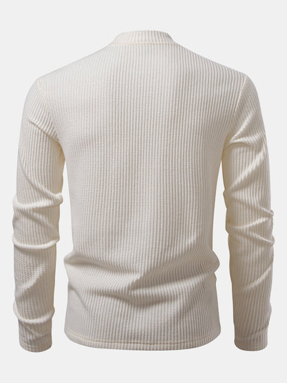 Long Sleeve Waffle Mock Neck T-Shirt & Drawstring Knitted Waffle Pants