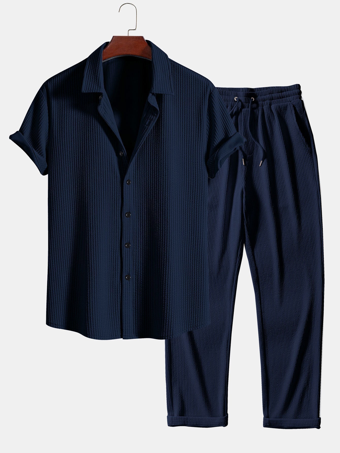 Muscle Fit Ribbed Button Up Shirt & Straight Leg Ribbed Pants